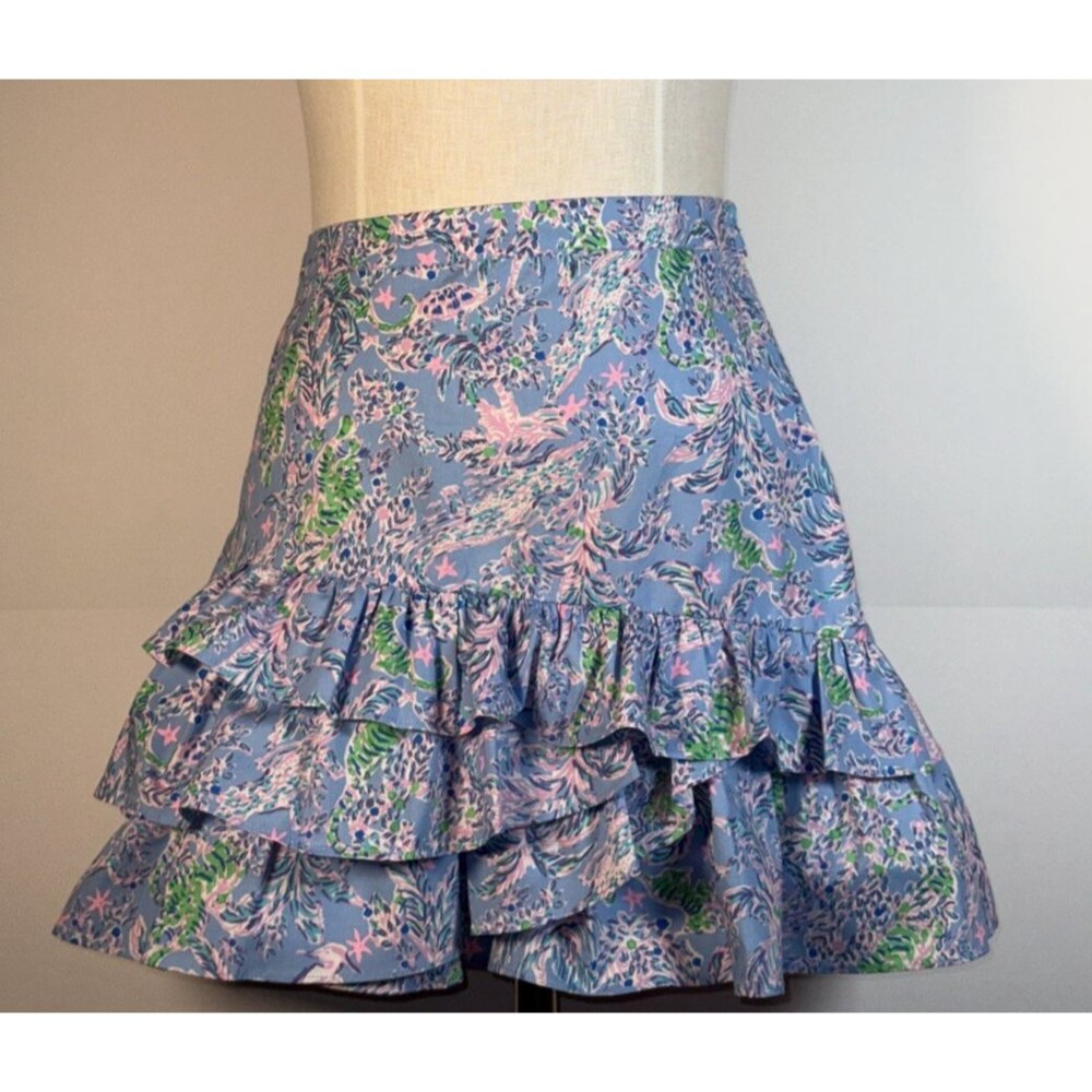 Lilly Pulitzer Rosalie Mini Skirt 10 Blue Peri The Turtle Ruffles Coastal Floral